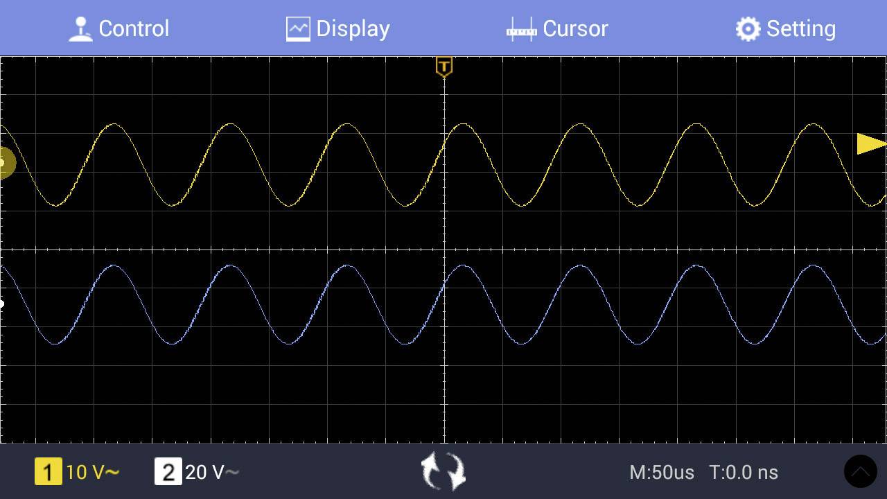 Zwei Wellenformen auf einem Oszilloskop-Display. Die gelbe Welle bei 10 V, die blaue bei 20 V. Messwerte unten: M: 50 µs, T: 0,0 ns.