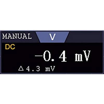 Anzeige auf einem Bildschirm: Oben links 'MANUAL', daneben ein blaues Feld mit 'V'. Unten links 'DC', rechts davon '-0,4 mV'. Darunter ein kleines 'Δ 4,3 mV'.