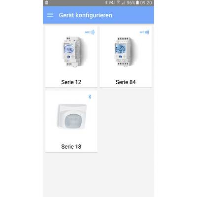 Drei Geräteoptionen zum Konfigurieren: Serie 12 und Serie 84 mit NFC-Kennzeichnung und Serie 18 mit Bluetooth-Symbol.