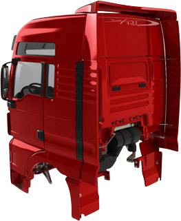 Rote Lkw-Kabine ohne Räder, Seitenansicht.