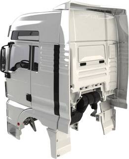 Ein teilweiser Schnitt durch die Kabine eines Lastwagens zeigt die Innenstruktur und die mechanischen Komponenten der Kabine.