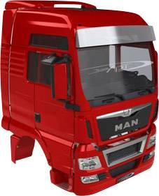 Ein rotes Modell eines MAN-Lkw-Fahrerhauses, ohne Räder. Das Fahrerhaus zeigt Details wie Fenster und Scheinwerfer.