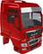 Ein rotes Modell eines MAN-Lkw-Fahrerhauses, ohne Räder. Das Fahrerhaus zeigt Details wie Fenster und Scheinwerfer.