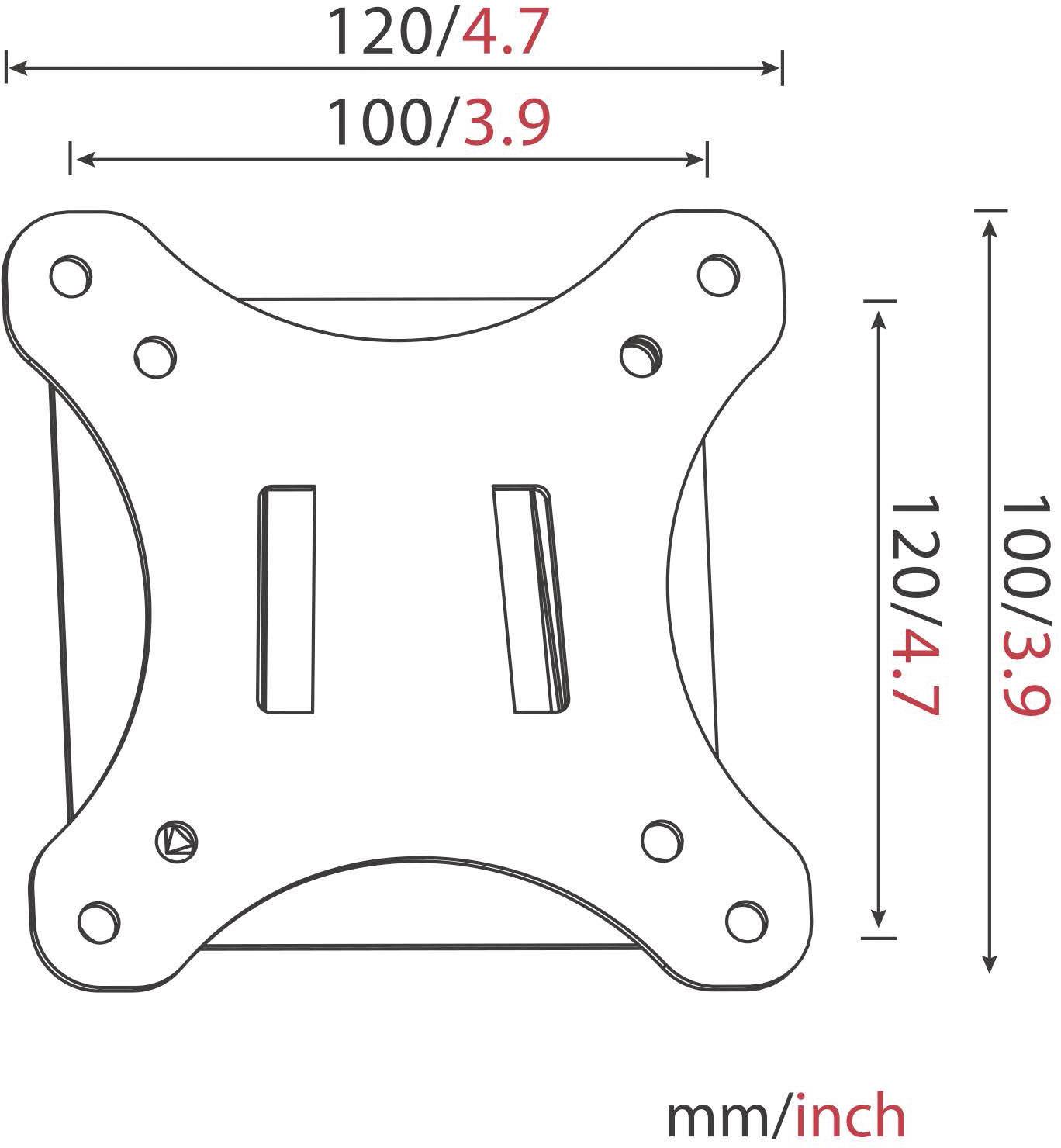 'VESA-Montageplatte', quadratische Form, 120 mm Breite und Höhe, kleinere Quadrate von 100 mm innen; Maße in mm und Zoll angegeben.