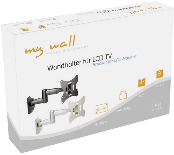 Verpackung für 'my wall' Wandhalter für LCD-TV. Zeigt Halterung mit drehbarem Arm, passend für 23"-42", bis 30 kg, neigbar 4°/20°.
