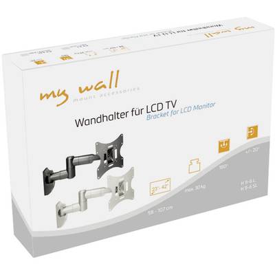 Verpackung für 'my wall' Wandhalter für LCD-TV. Zeigt Halterung mit drehbarem Arm, passend für 23"-42", bis 30 kg, neigbar 4°/20°.