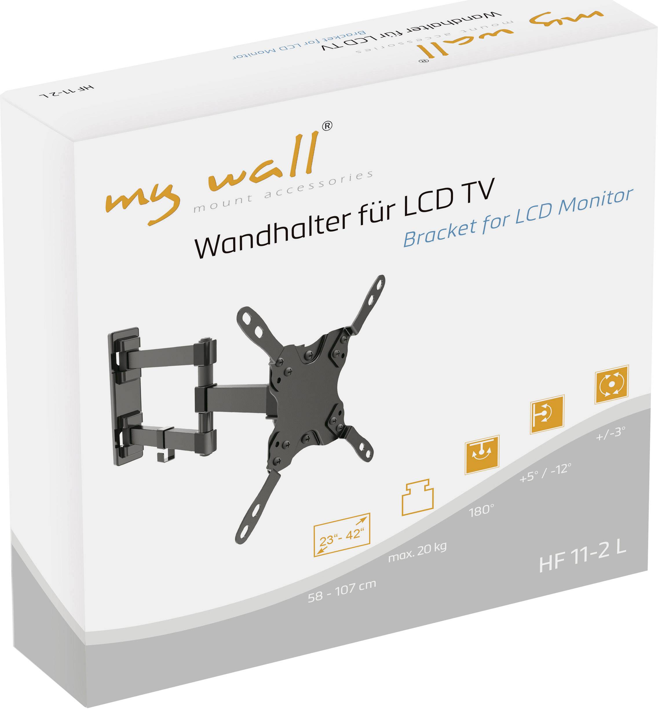'Wandhalter für LCD TV/Monitor' von 'my wall'. Einstellbare Größe: 58-107 cm, max. 20 kg. Neigungswinkel ±5°/12°, drehbar 180°.