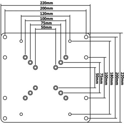 Technische Zeichnung einer quadratischen Platte mit Bohrlöchern und genauen Abstandsmaßen in Millimetern, wie 220mm und 200mm.