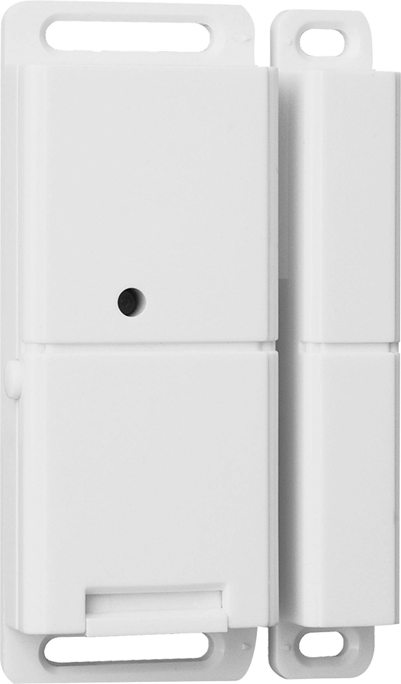 Ein weißer magnetischer Tür- oder Fensterkontakt mit zwei rechteckigen Komponenten zur Sicherheitsüberwachung.