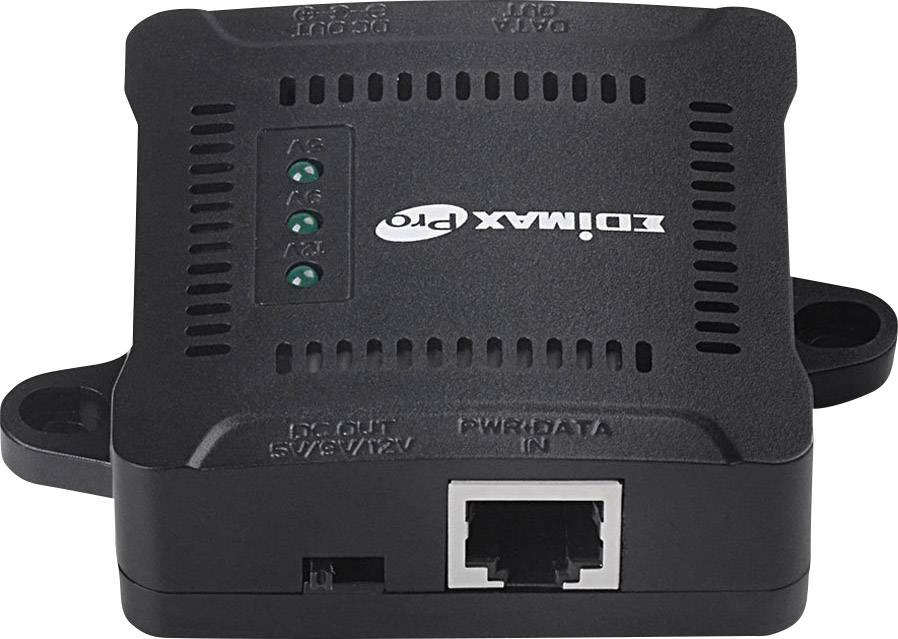 Kleines schwarzes elektronisches Gerät mit Ethernet-Anschluss und vier LED-Anzeigen, vermutlich für Netzwerk- oder Stromversorgungszwecke.