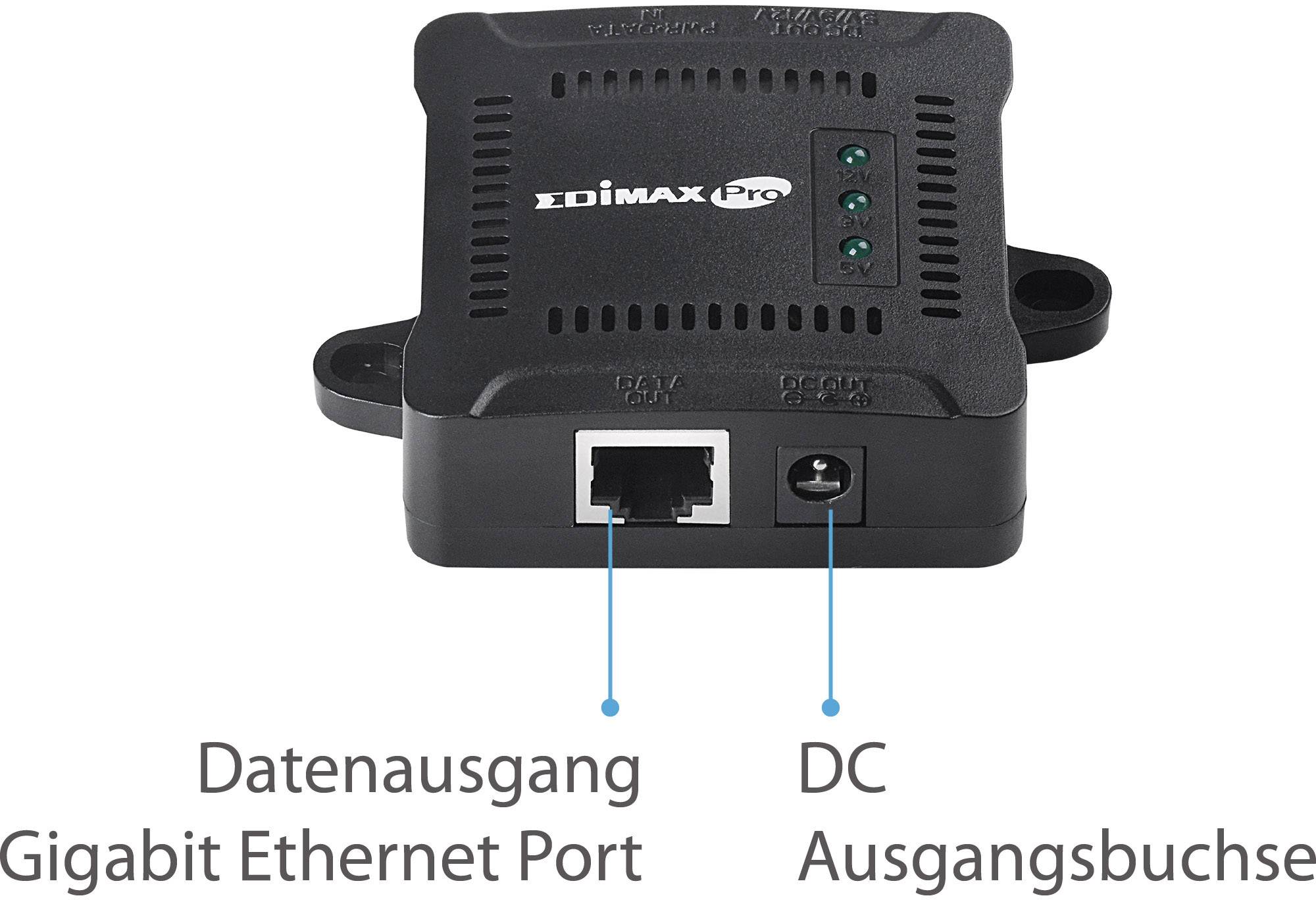 Kleines schwarzes Gerät mit Gigabit Ethernet Port und DC Ausgangsbuchse, gekennzeichnet als 'Datenausgang' und 'DC Ausgangsbuchse'.
