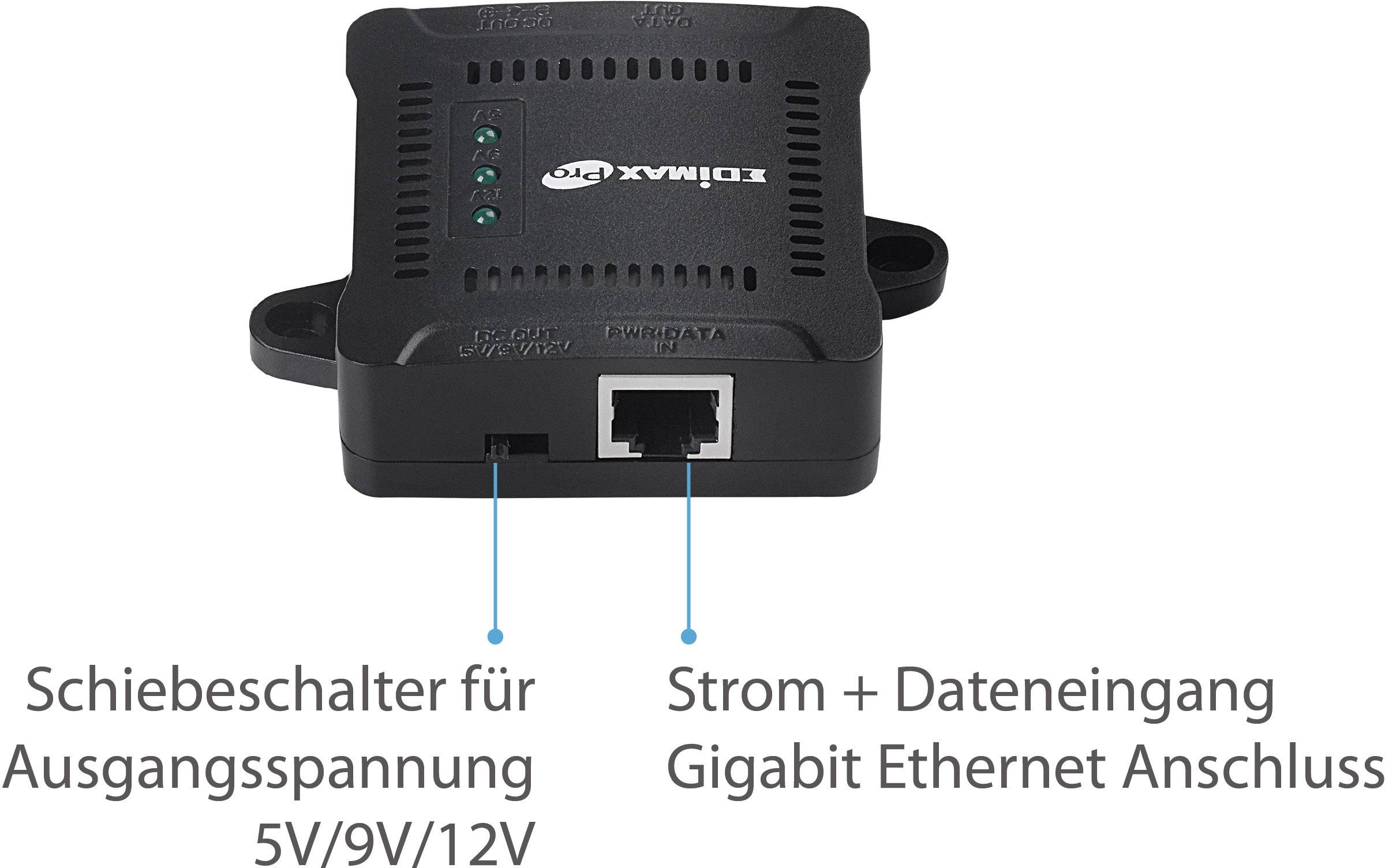 Ein schwarzes elektronisches Gerät mit einem Schiebeschalter für Ausgangsspannung 5V/9V/12V und einem Gigabit Ethernet Anschluss.