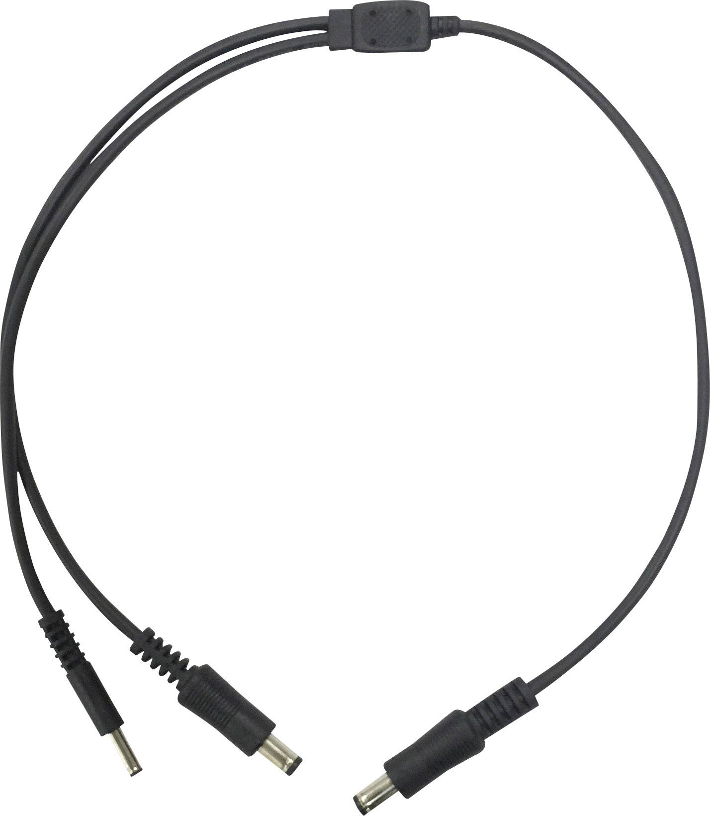 Ein Y-Kabel mit zwei männlichen Steckern auf der linken Seite und einem weiblichen Stecker auf der rechten Seite, genutzt für Stromverbindungen.