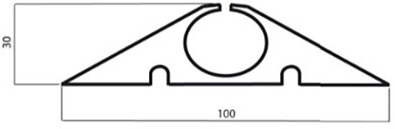 Technische Zeichnung eines Profils mit einem kreisförmigen Hohlraum. Außenmaße: Höhe 30 mm, Breite 100 mm.