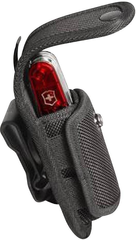 Schwarzes Etui mit geöffnetem Verschluss, zeigt ein rotes Multifunktionswerkzeug mit einem Kreuzlogo darin.