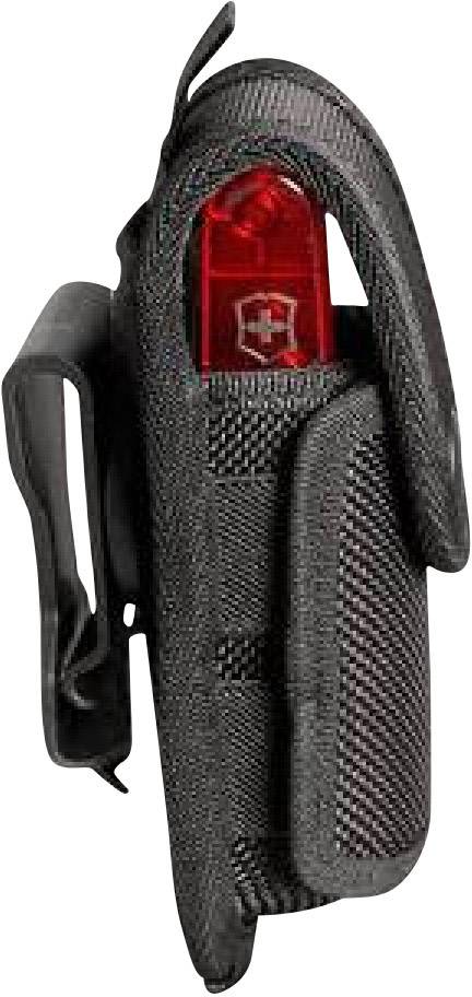 Schwarzes Etui mit rotem Akzent oben, vertikal platziert. Es hat einen Clip auf der Rückseite, geeignet zum Tragen an einem Gürtel.