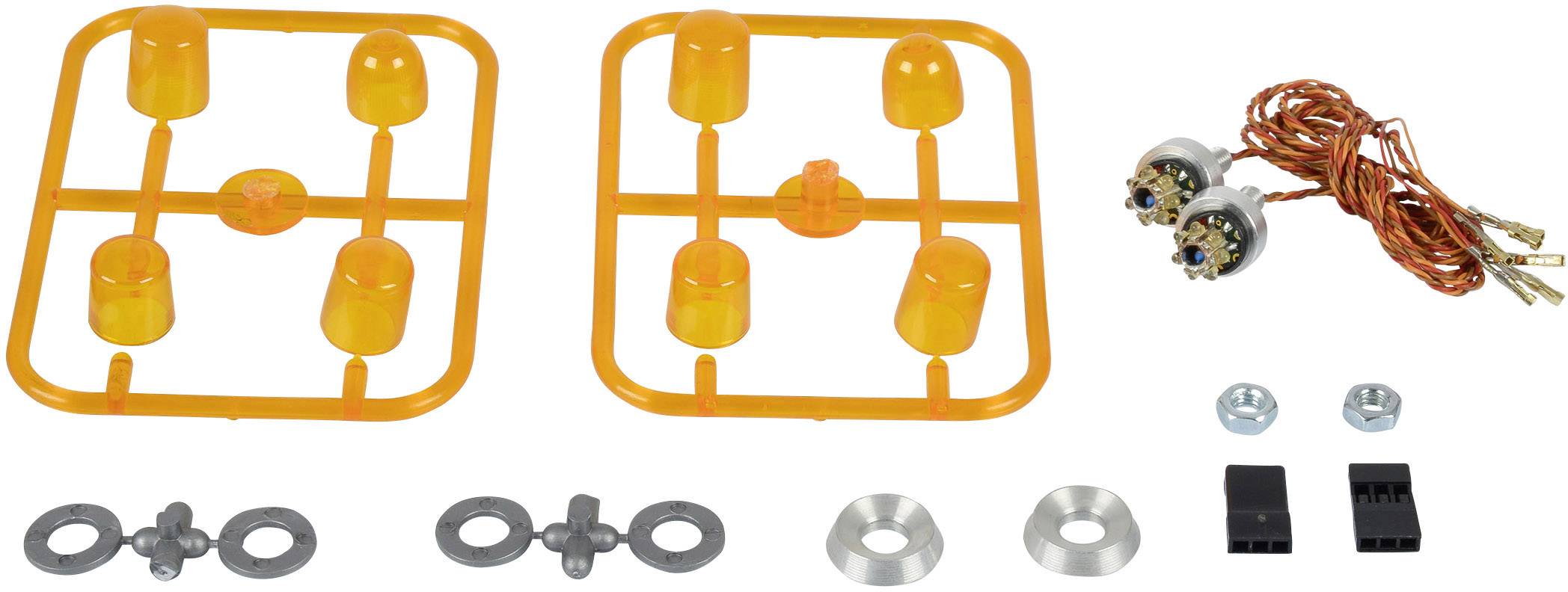 Bausatz mit orangefarbenen Kunststoffteilen, zwei Motoren mit Kabeln, Schrauben und Zahnrädern. Komponenten für Modellbau.