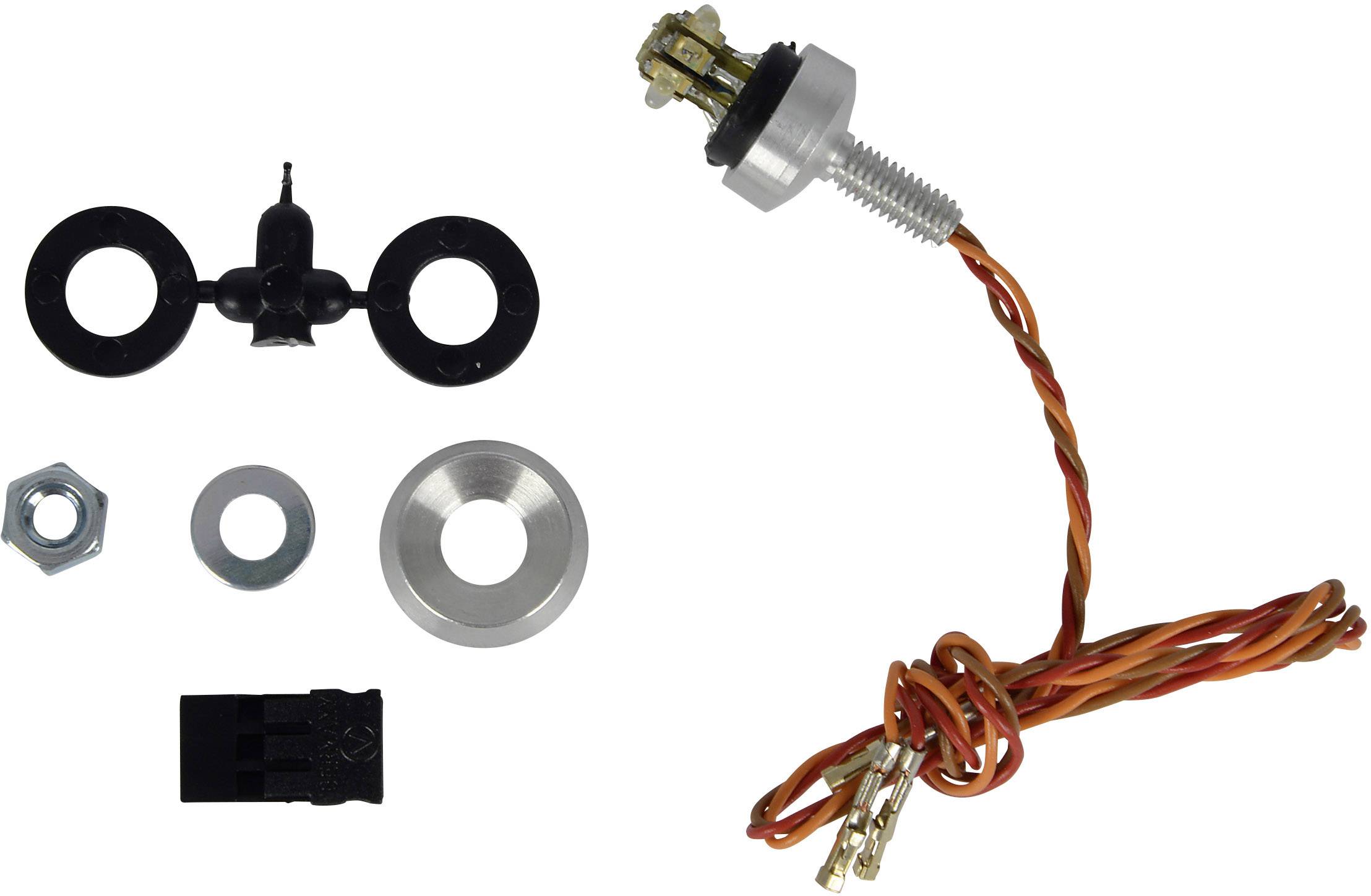 Einzelteile eines Elektronik-Bauteilsets, bestehend aus einem Schalter, mehreren Muttern und Scheiben, sowie zwei verdrillten Kabeln.