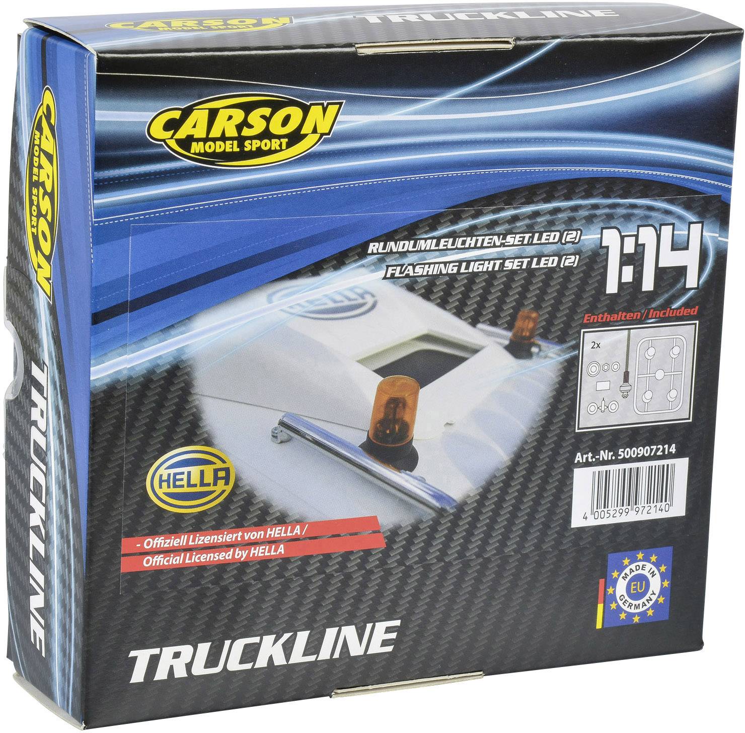 Verpackung eines Modellbau-Zubehörs von Carson Model Sport. Enthält Rundumleuchten-Set LED, Maßstab 1:14, offiziell lizenziert von Hella.