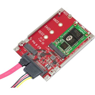 Rotes Mainboard mit angeschlossenem SATA-Kabel; zeigt elektronische Komponenten und Steckverbindungen.
