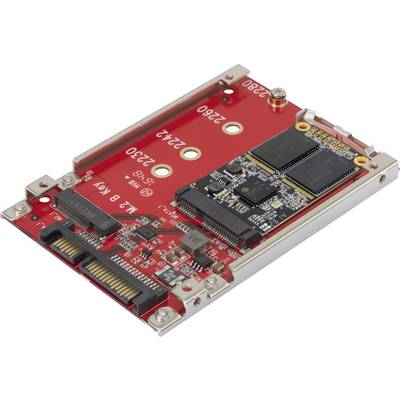 Eine rote Adapterkarte für 2,5-Zoll-Laufwerksschächte mit zwei M.2 SSD-Steckplätzen und SATA-Schnittstelle für den Computergebrauch.