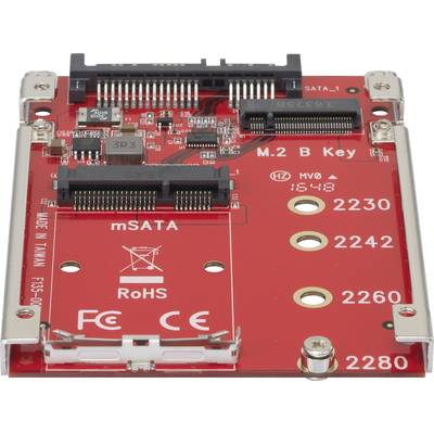 Rote mSATA-zu-M.2-Adapterplatine mit Anschlüssen für mSATA-Laufwerke und M.2-Modul-Schnittstellen. Markierungen: 'B Key', 'M2', 'RoHS'.