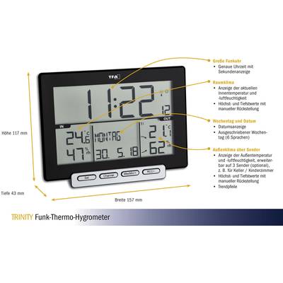 Digitales Funkthermo-Hygrometer mit großer Uhrzeit-Anzeige, Raum- und Außenklima-Anzeigen. Zeigt Temperatur, Feuchtigkeit, Wochentag und Datum.