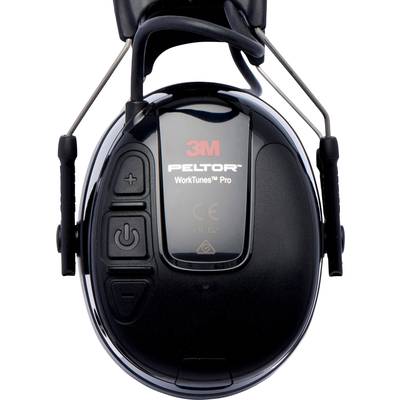 Schwarzer Gehörschutz mit integriertem Radio von 3M, Modell 'Peltor WorkTunes Pro', mit Bedientasten auf der linken Seite.