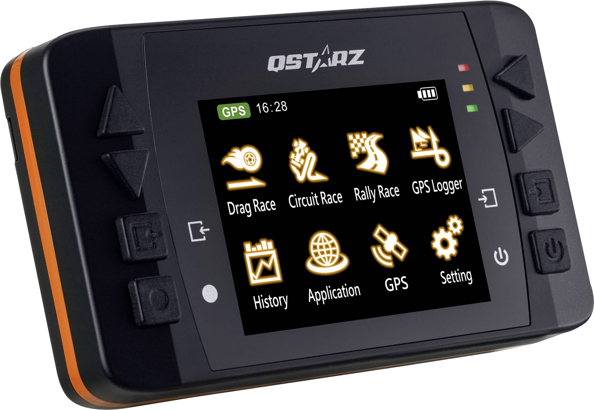 Ein tragbares GPS-Gerät mit einem Display zeigt Symbole für 'Drag Race', 'Circuit Race', 'Rally Race', 'GPS Logger' und weitere Anwendungen.