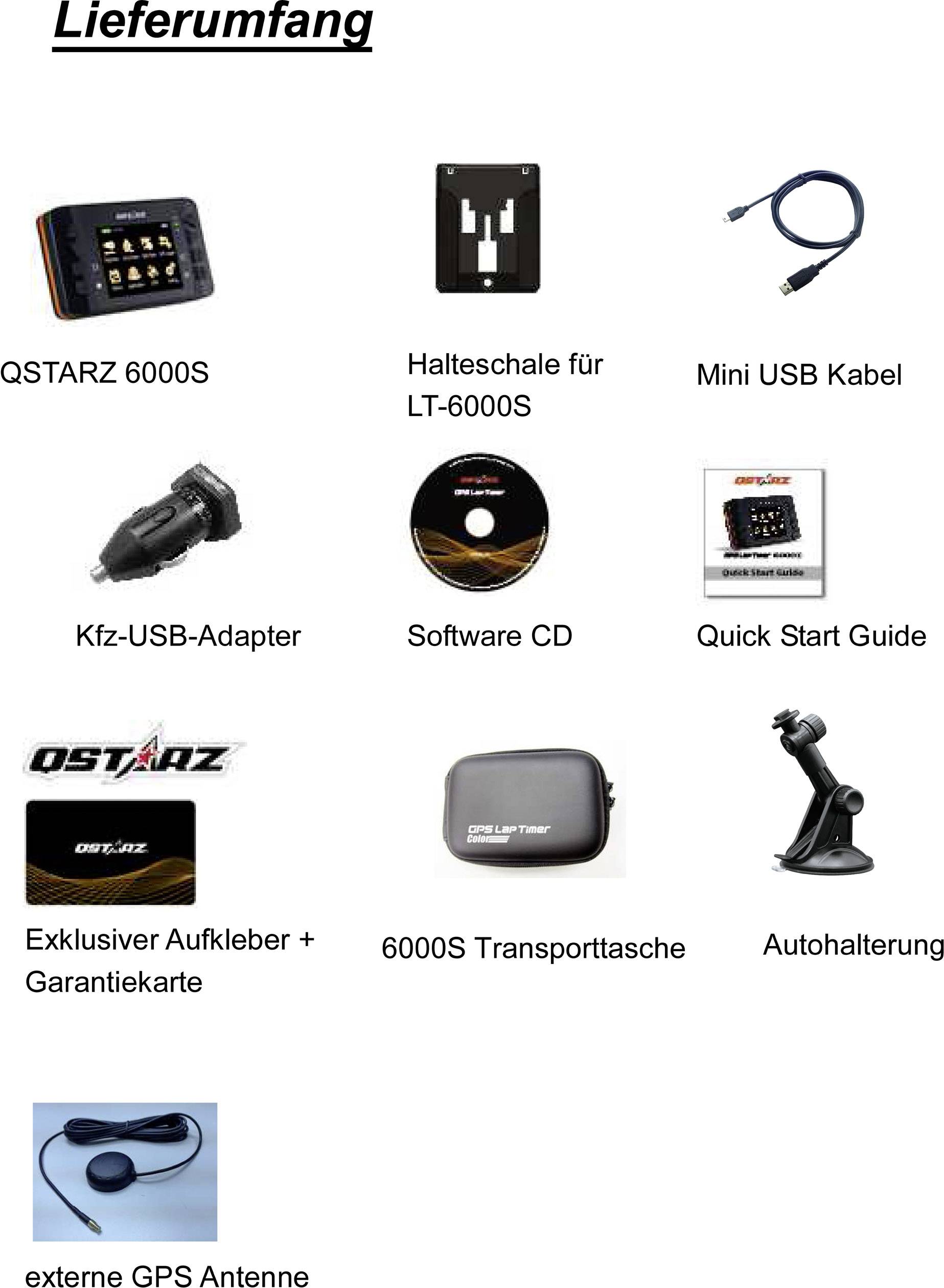'Bild zeigt den Lieferumfang: QSTARZ 6000S, Halteschale, Mini-USB-Kabel, Kfz-USB-Adapter, Software-CD, Kurzanleitung, Aufkleber, Tasche, Autohalterung, GPS-Antenne.'