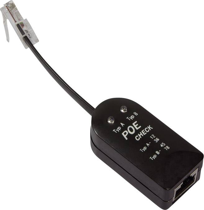 Ein schwarzer POE-Tester mit einem Netzwerkkabel ist abgebildet, gekennzeichnet mit 'Typ A, Typ B, POE CHECK' und spezifischen Pin-Belegungen.
