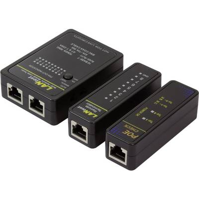 Drei schwarze Netzwerk-Tester mit Anschlüssen und Anzeigen. Der erste hat einen Bildschirm, der zweite mehrere LED-Anzeigen, der dritte kompakter.