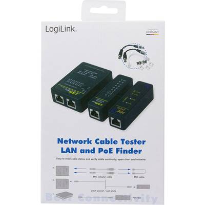 'LogiLink Netzwerk-Kabeltester LAN und PoE Finder' auf Verpackung, zeigt Geräte zur Statusprüfung und Fehlersuche bei Netzwerkkabeln.