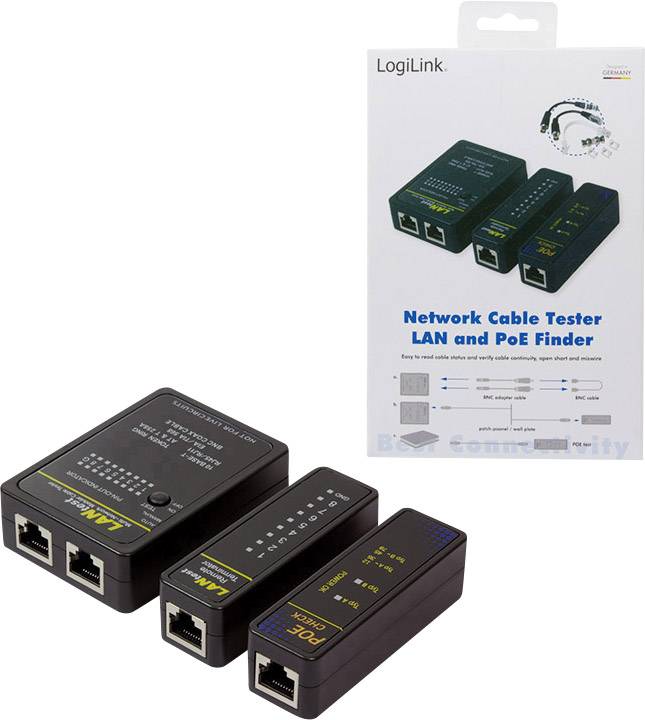 'Netzwerkkabeltester LAN und PoE Finder' von LogiLink, enthält Geräte zur Kabeldiagnose, mit LED-Anzeigen und Anschlussbuchsen. Verpackung zeigt Produktabbildung und Funktionen.