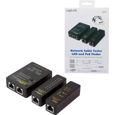 'Netzwerkkabeltester LAN und PoE Finder' von LogiLink, enthält Geräte zur Kabeldiagnose, mit LED-Anzeigen und Anschlussbuchsen. Verpackung zeigt Produktabbildung und Funktionen.