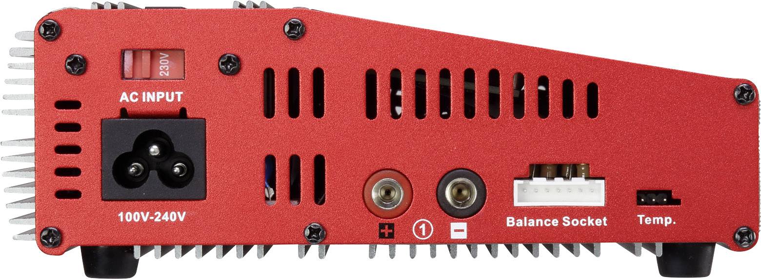Rückseite eines roten Akku-Ladegeräts mit Anschlussmöglichkeiten: AC INPUT, zwei Buchsen mit Plus- und Minuszeichen, Balance Socket und Temp, geeignet für 100V-240V.