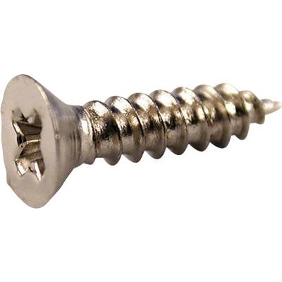 Ein einzelner, silberner Senkkopfschraube mit Kreuzschlitz. Sie hat ein durchgehendes Gewinde und eine spitze Spitze.