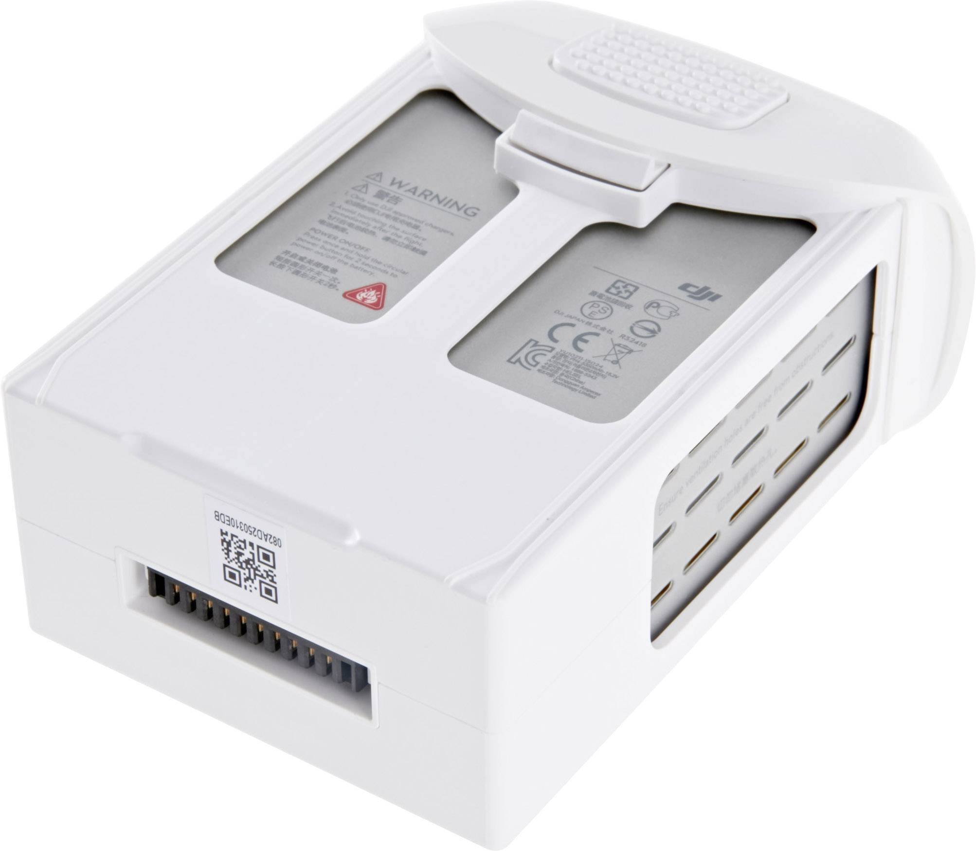 Weißer Akkupack mit Aufklebern und Warnhinweisen; seitliches Logo und Oberflächenstruktur für besseren Griff sichtbar.