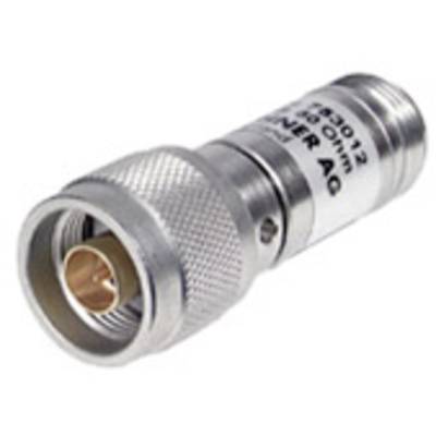 Ein silberner Koaxialstecker mit geriffeltem Griff und weißem Etikett mit schwarzer Aufschrift.