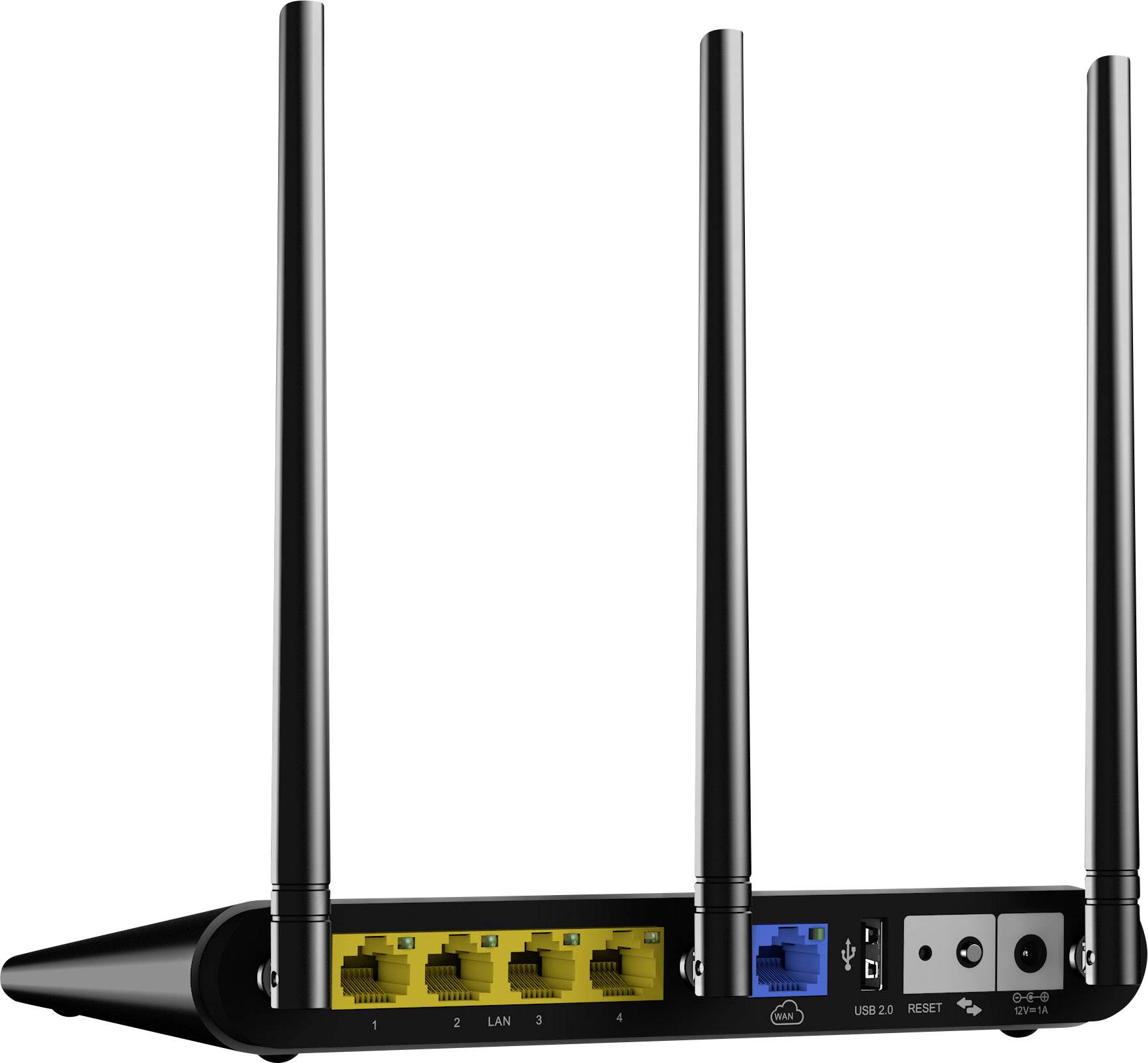 Ein WLAN-Router von hinten mit vier Antennen, vier gelben LAN-Ports, einem blauen WAN-Port, einem USB-Anschluss und einem Stromanschluss.
