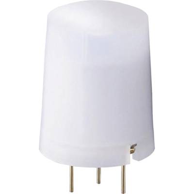 Kleine elektronische Komponente mit zylindrischem weißen Gehäuse und drei goldenen Steckkontakten unten.
