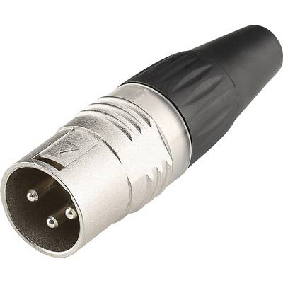 Ein silberfarbener XLR-Stecker mit drei Stiften und schwarzer Kunststoffummantelung, typisches Audiokabel-Verbindungsstück.