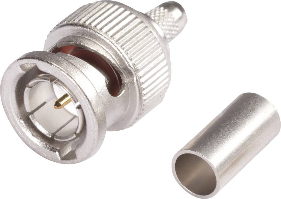 Ein BNC-Stecker und eine separate Metallhülse liegen nebeneinander. Der Stecker zeigt die innere Steckverbindung und hat ein geriffeltes Gehäuse.