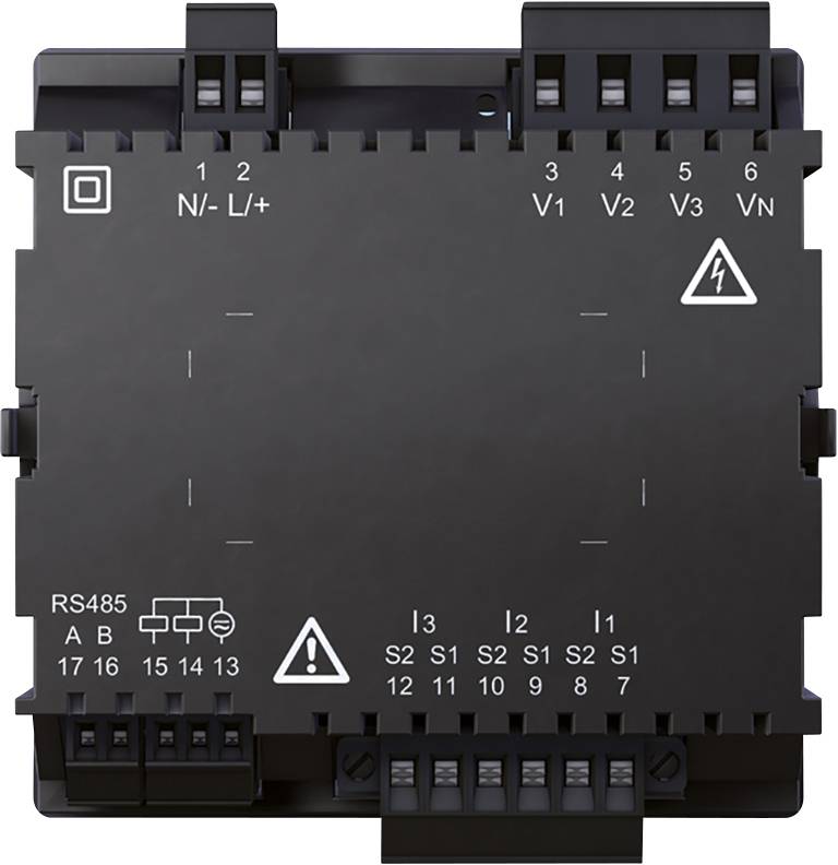 Schwarzes elektronisches Steuergerät mit verschiedenen Anschlussklemmen, Nummerierungen von 1 bis 17, Symbolen für elektrische Warnhinweise und RS485-Anschluss.