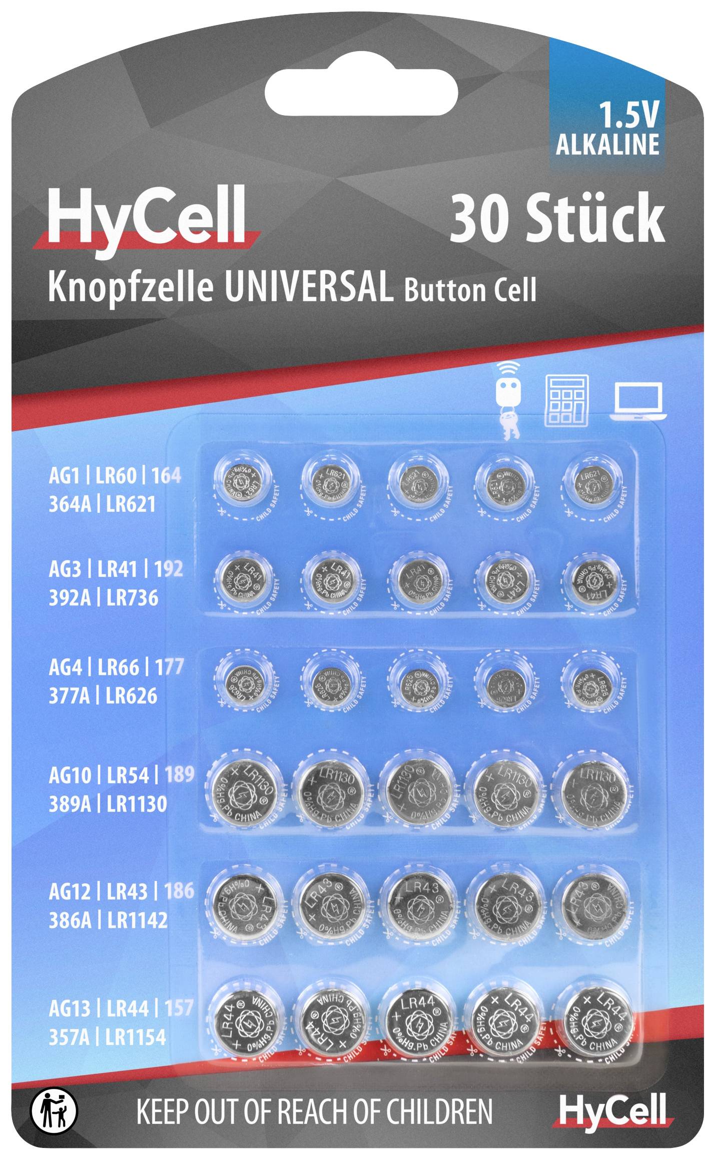 HYCELL Knopfzellen-Set je 5x AG 1, AG 3, AG 4, AG 10, AG 12, AG 13