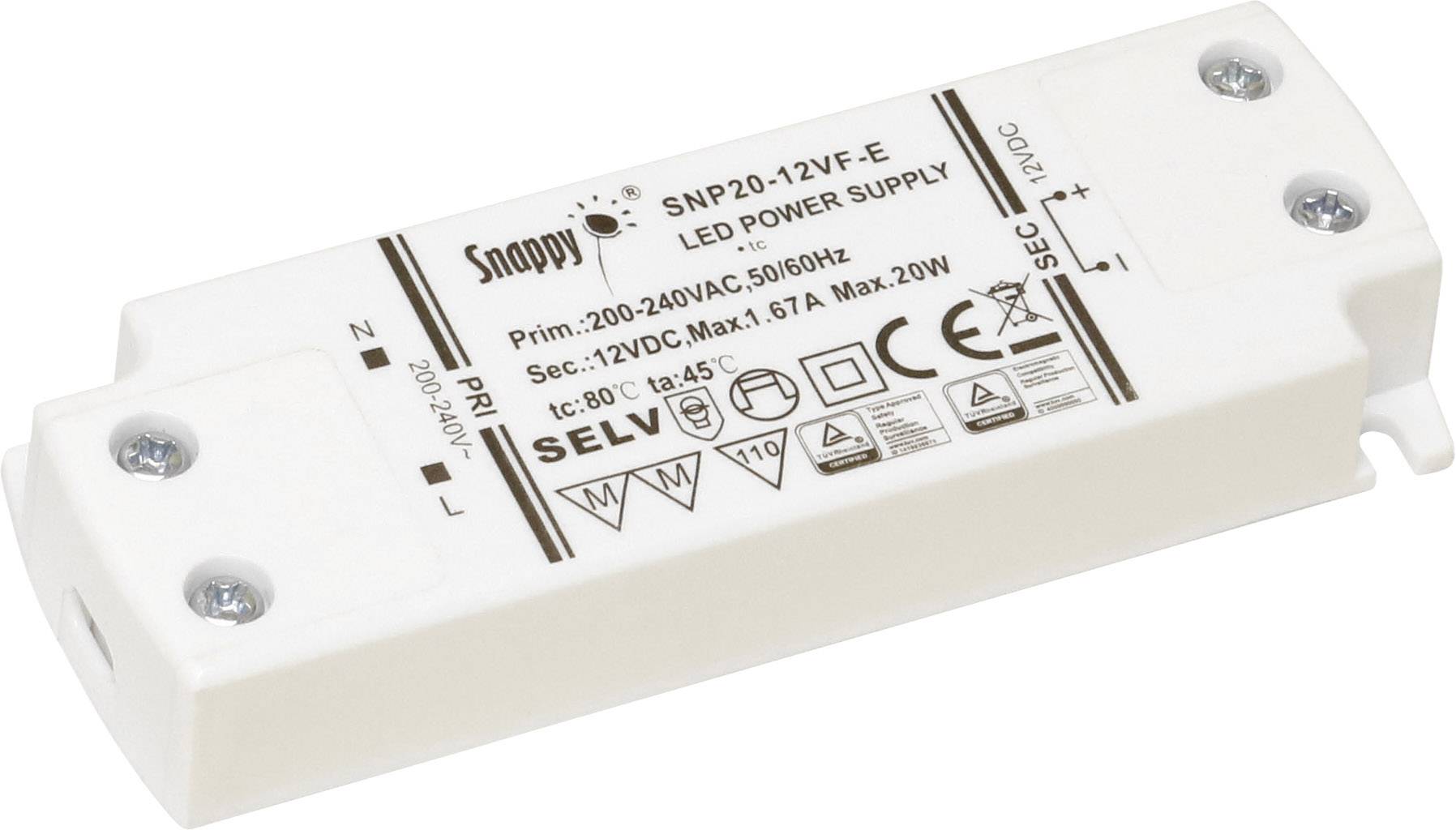 Dehner Elektronik SNP20-12VF-E LED-Trafo Konstantspannung 20 W 0 - 1.67 A 12 V/DC nicht dimmbar, Möbelzulassung, Überlastschutz 1 St.