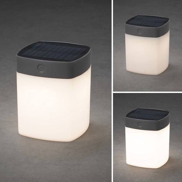 Solarlampe mit quadratischem, leuchtendem Körper und dunklem Solarpanel oben. Verschiedene Ansichten zeigen Design und Form.