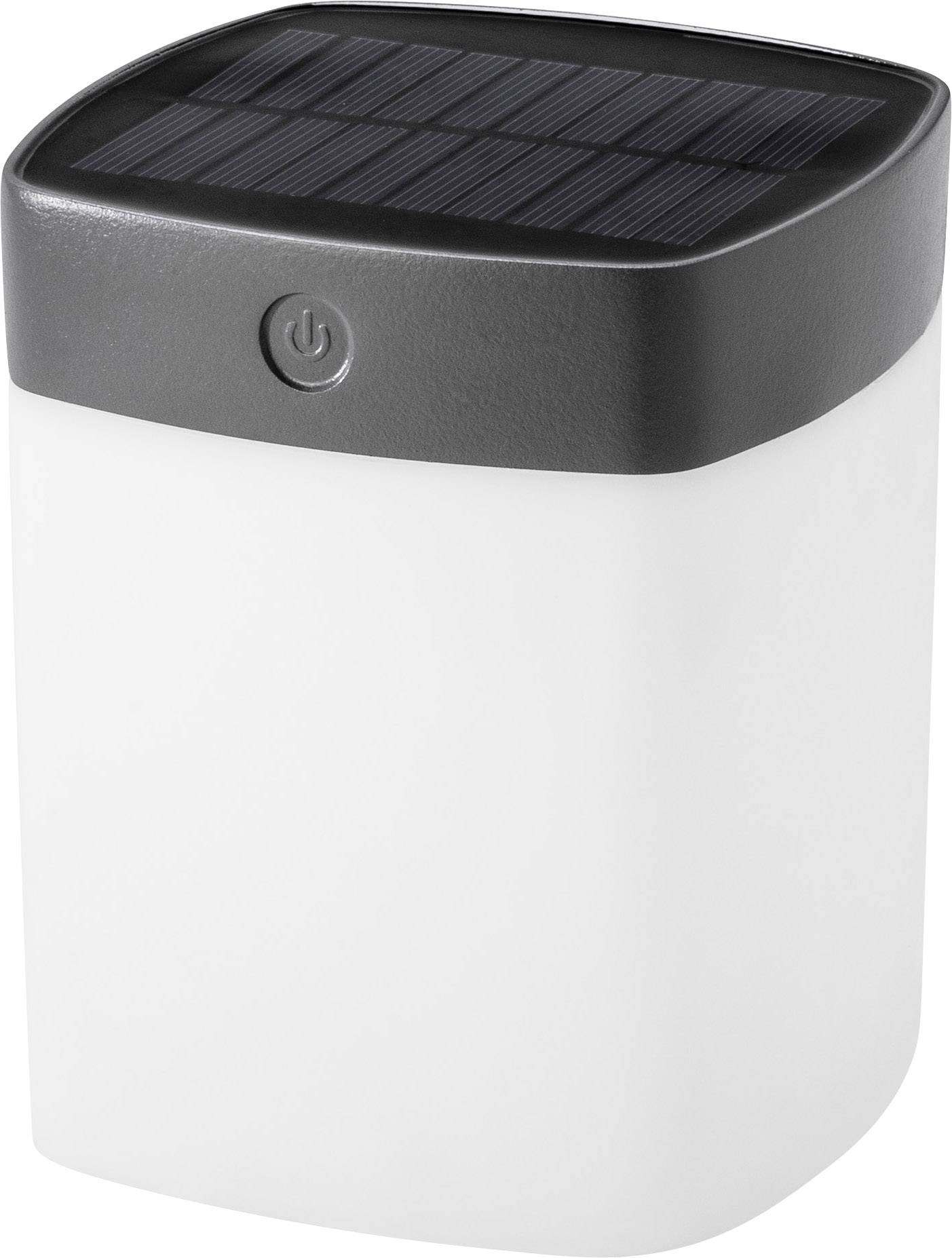 Solarbetriebene Lampe mit rechteckigem, dunklem Solar-Paneel auf der Oberseite und weißem, transluzentem Gehäuse darunter.