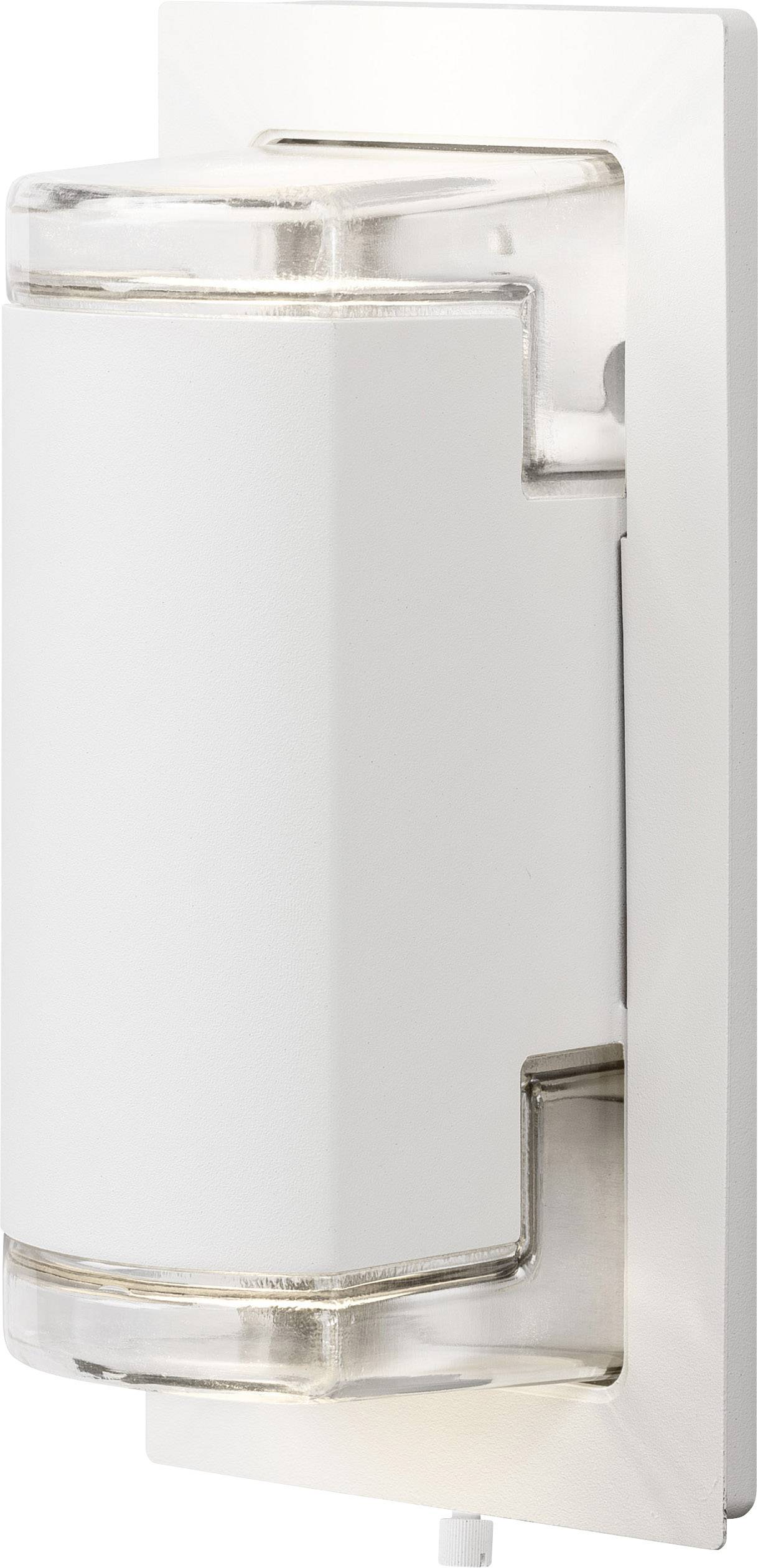 Weiße, moderne Wandleuchte mit zylindrischem Design und transparenter Abdeckung, montiert auf rechteckiger Metallhalterung.
