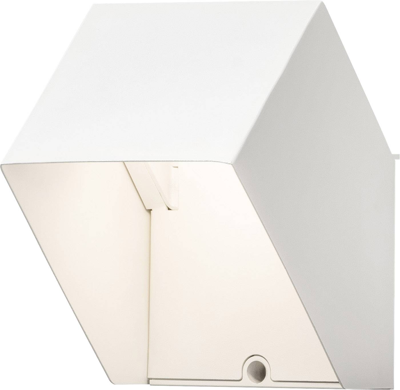 Weiße, moderne Wandlampe mit trapezförmigem Gehäuse, leuchtet nach unten. Ideal für minimalistische Innenräume.
